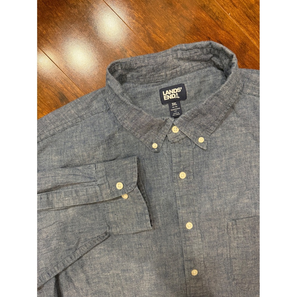 Lands End Mens 3XL Blue Chambray Button Down Shirt Traditional Fit 536355